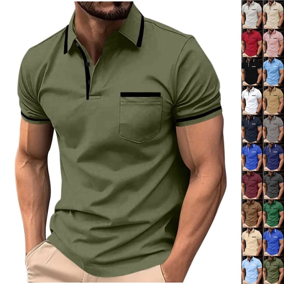 Fanshiluo Men's Pocket Short Sleeve Polo Shirts, Contrast Collared Casual Business Top,L,Big and Tall Men