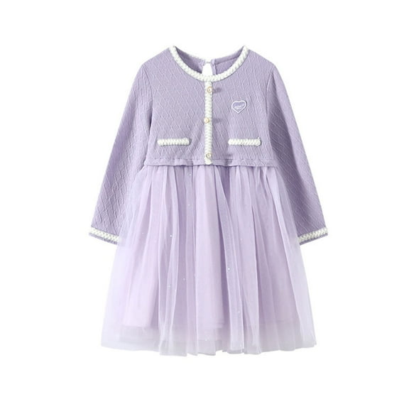 Tutu-Dresses for Girls Tulle-Splice Size 3-14 Teens Kids Elegant Long Sleeve Button Crewneck Solid Color A-Line Wedding Guest Midi Dress
