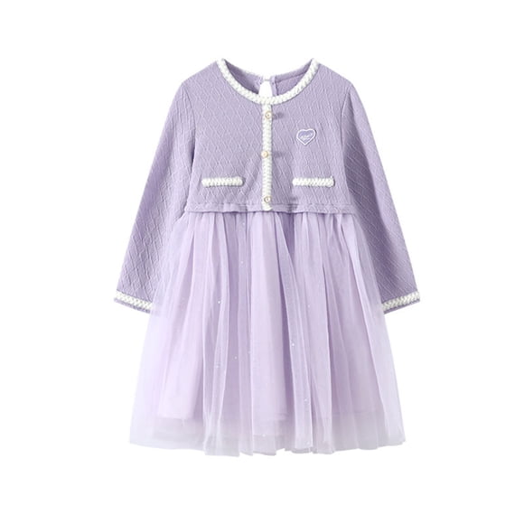Floleo Childrens Long Sleeve Boucle Dress French Princess Ball Gown Dress Girl Soft Breathable Gauze Dresses Mesh Pleated Party Wear for Girls(Purple,11 Years)