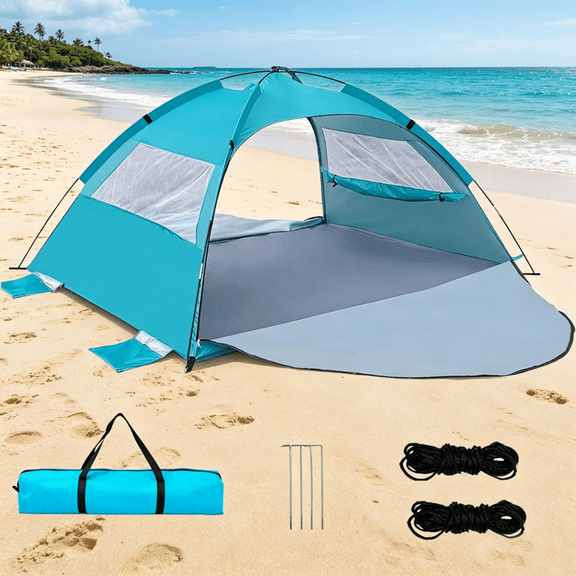 4-6 Person Beach Tent Portable Sun Shelter, UPF 50 UV Protection Pop Up Canopy with Sandbags & Windproof Design, Lightweight Outdoor Shade for Sand, Camping, Travel