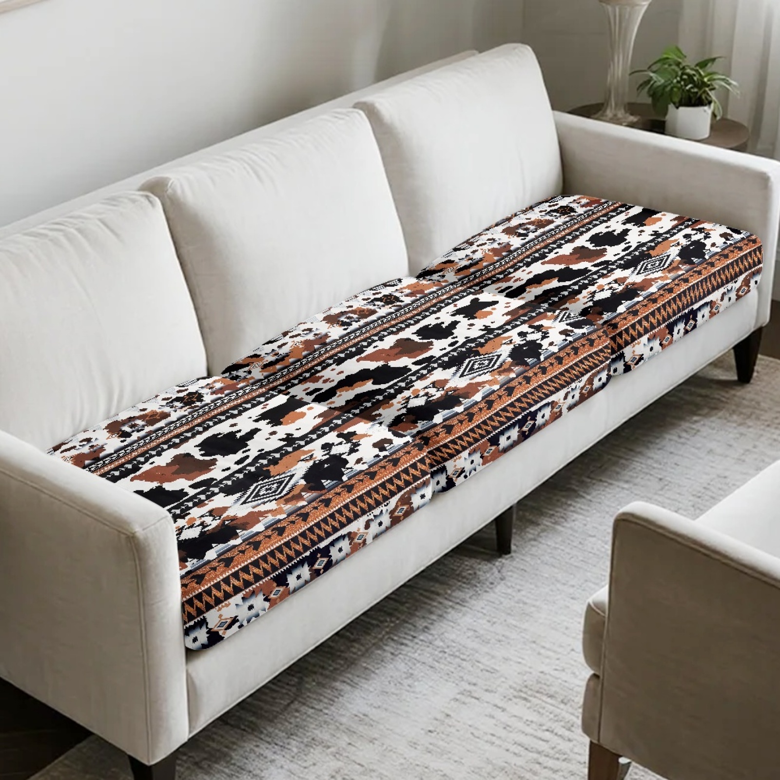COEQINE Individual Seat Cushion Cover, Couch Cover for 3 Cushion Couch, Stretch Spandex Fabric Sofa Slipcover Pet Friendly Furniture Protector, 3-Seater, American Tribal Cow Print Brown Black