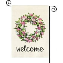 SPXUBZ Welcome Tulips and Lily Wreath Garden Flag Double Sided, Seasonal Spring Easter Mother's Day Yard Outdoor Flag 12x18 Inch