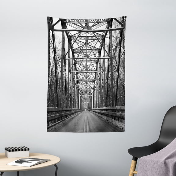 Black and White Tapestry, Road Through Bridge Tunnel Urban City and Modern Architecture Image, Wall Hanging for Bedroom Living Room Dorm Decor, 40W X 60L Inches, Black White Grey, by Ambesonne