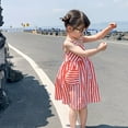 thumbnail image 5 of Children Summer Girls Dress Sweet Cotton Cute Cartoon Stripes Print Sleeveless Sling Princess Dress Button Front Belted Summer Cami Dress Orange and White Stripe Dress, 3-9Y, 5 of 9