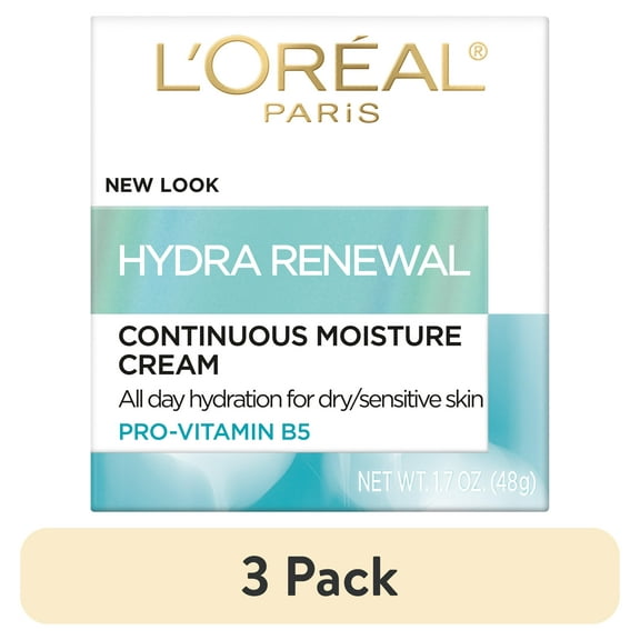 (3 pack) L'Oreal Paris Hydra-Renewal Continuous Facial Moisturizer for Dry Sensitive Skin, 1.7 oz