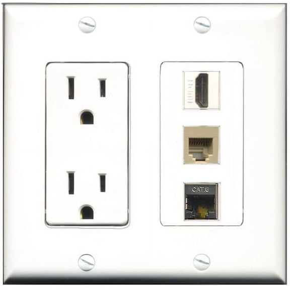 RiteAV - 15 Amp Power Outlet 1 Port HDMI 1 Port Phone Beige 1 Port Shielded Cat6 Ethernet Ethernet Decorative Wall Plate