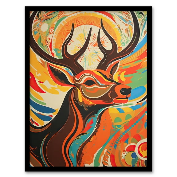 Abstract Majestic Stag Autumn Hues Sunrise Reindeer Head Portrait Vibrant Bold Bright Colourful Painting Art Print Framed Poster Wall Decor 12x16 inch