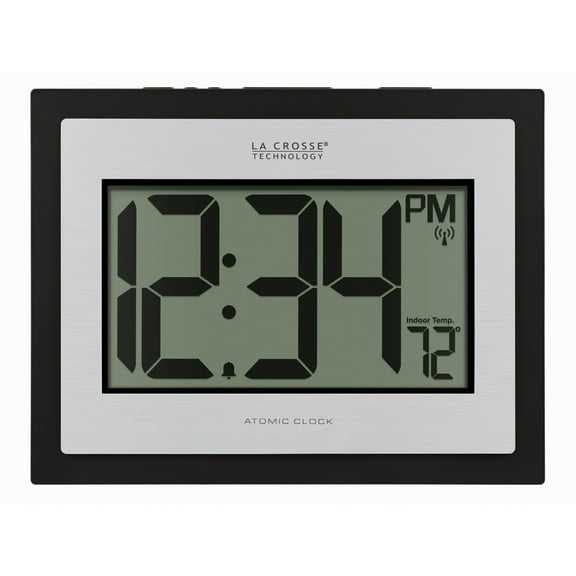 La Crosse Technology Silver Table/Wall Digital Atomic Clock with Indoor Temperature, 513-1422S