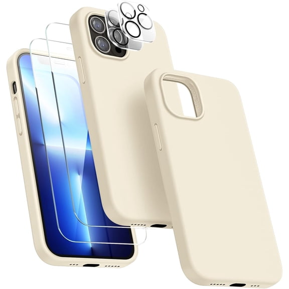 [5 in 1 for iPhone 13 Pro Case, with 2 Pack Screen Protector   2 Pack Camera Lens Protector, Liquid Silicone Slim Shockproof Protective Phone Case [Microfiber Lining] 6.1 (Stone)…………