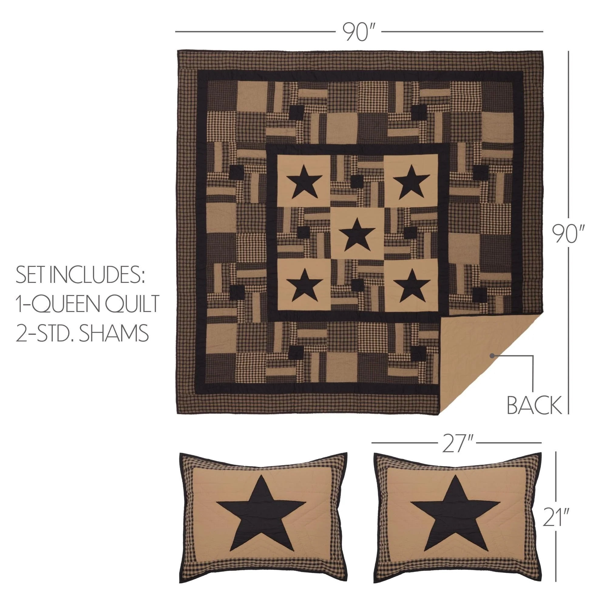VHC Brands, Black Check Star, Cotton, 90Wx90L x 21x27, Queen Quilt w/ 2 Shams Set, Black