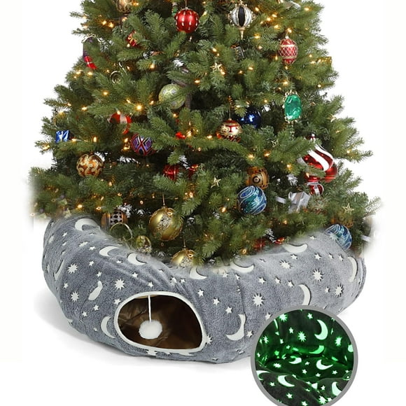 LUCKITTY Cat Tunnel Bed Tube with Cushion and Plush Ball Toy Playground Crinkle Collapsible Self-Luminous Flannel Fabric 3FT for Large Cats Kittens Kitty Small Animals Puppy Grey Moon Star