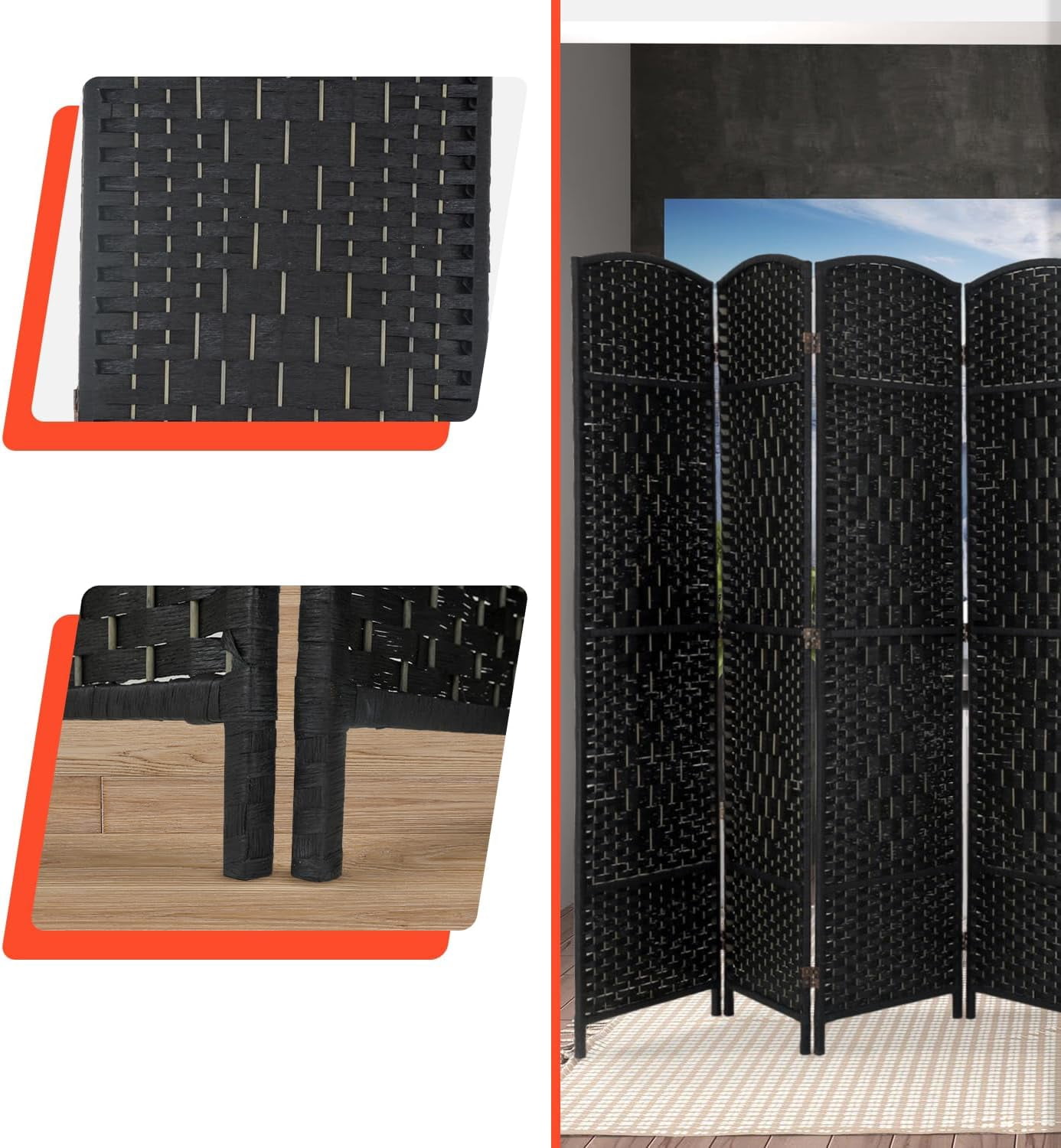 Dkelincs Room Dividers Folding Privacy Screen 8 Panel Portable Wooden Partition Screen, Black