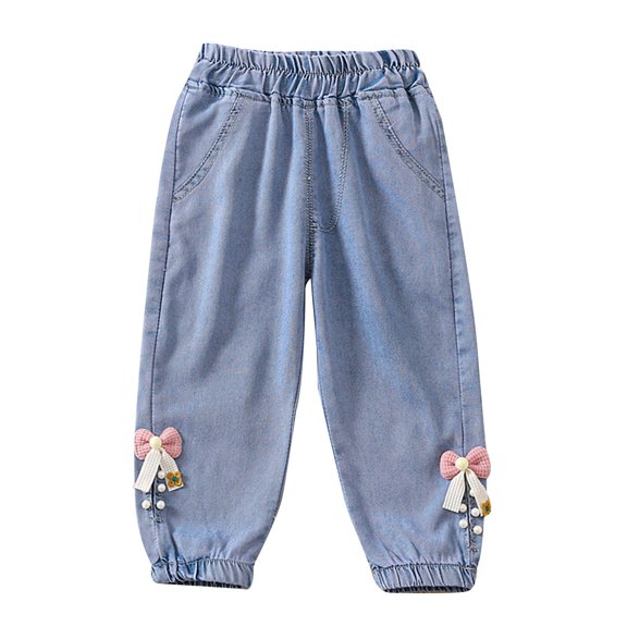 Mercatoo Toddler Girls Thin Jeans Pants Baby Nine Point Bowknot Trousers Kids Summer Solid Loose Denim Pant Daily Sweatpants