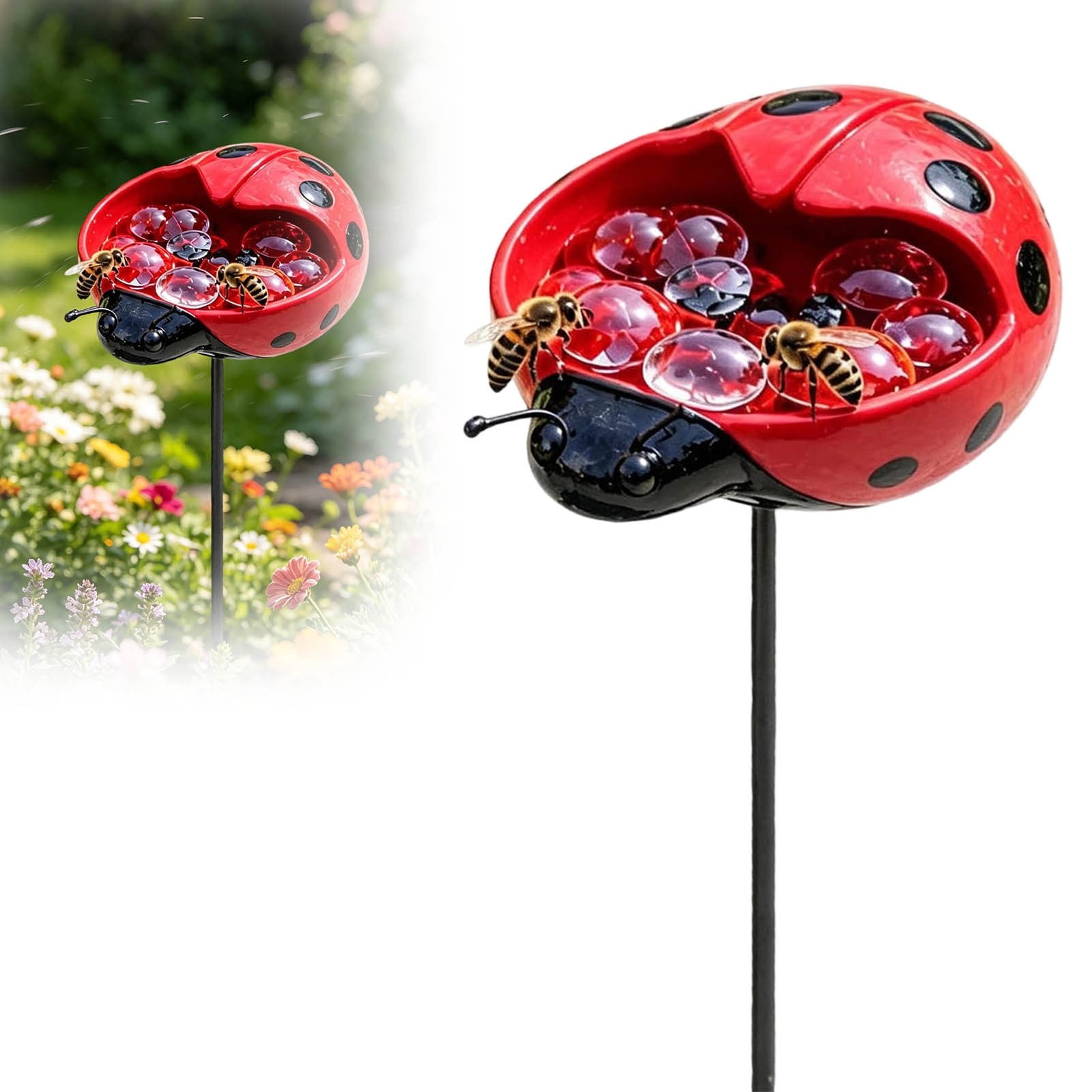Hand Painted Resin Wild Bird Feeder Stake Cute Ladybug Snail Sculpture Weather Resistant Outdoor Lawn Patio Garden Decor Backyard Bird Feeding Accessory