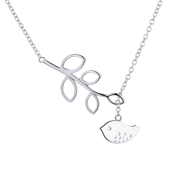 Amy and Annette 14K White Gold Plated Lariat Brid and Leaf Pendant Necklace