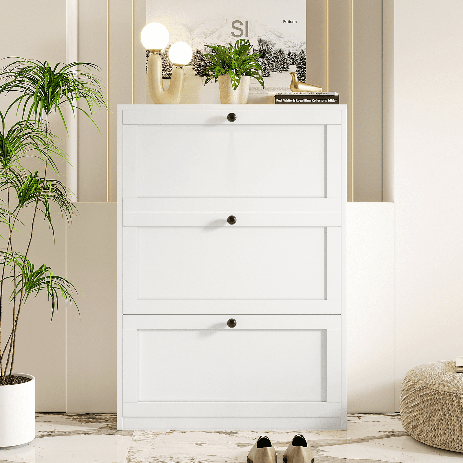 RichYa White Shoe Cabinet with 3 Flip Drawers for Entryway Shoe Storage Cabinet Shoe Rack for Hallway Living Room Bedroom