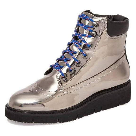 Shellys London Erin Pewter Leather Multi Lace Up Chunky Platform Combat Boot (Silver, 6)