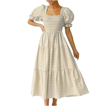 

jsaierl Women s Summer Dress 2023 Plaid Sundress Puff Sleeve Boho Dress Square Neck Layered Flowy Dress for Beach Vacation