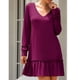 thumbnail image 3 of Vestido con cuello en V Color puro Manga larga Volantes Suelto Vestido casual de mujer para vacaciones Club Fecha Trabajo Vacaciones Rosa Rojo M, 3 of 6