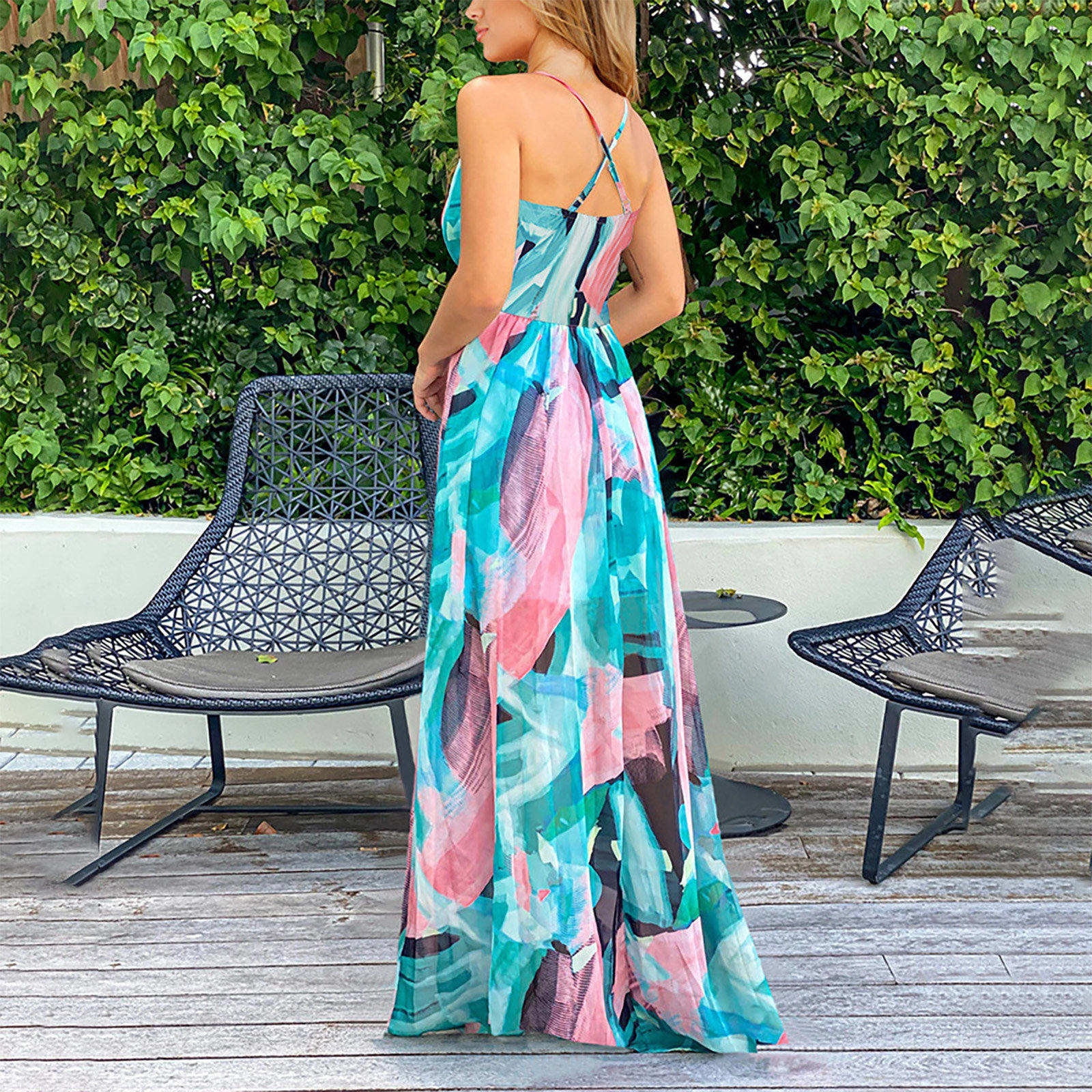 Bohemian Floral Women's Summer Dress Sexy Backless V-Neck Suspender Long Dress for Women