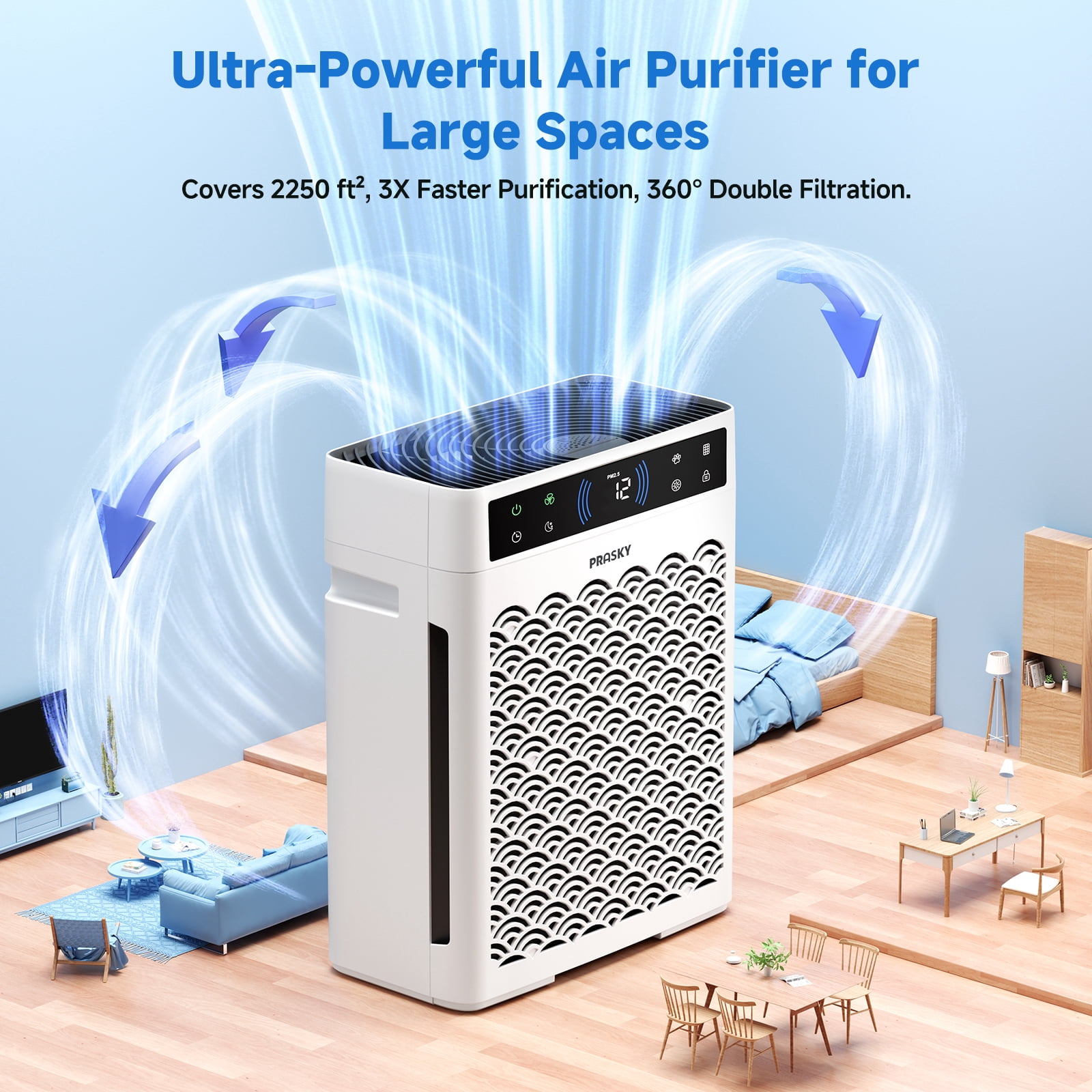 PRASKY Air Purifier for Home Large Room up to 2250 Sq ft, True HEPA Filter for Pets, Smoke & Allergies | Quiet for Bedroom (White)