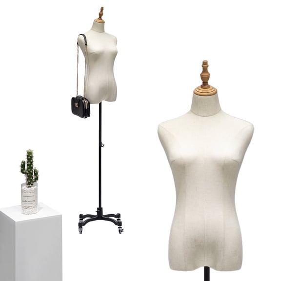 ZGGJZKV Female Dress Form Mannequin Torso with Wheels, 51-75 in Height Adjustable Linen Fabric White