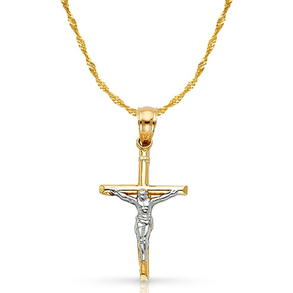 14K Two Tone Gold Jesus Crucifix Cross Pendant with 1.2mm Singapore Chain Chain Necklace