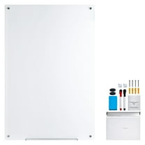 KFFKFF Magnetized Glass Writing Board, Erasable Surface 36"x24", Large Frameless Glassboard for Wall Mounting, Comes with a Tray for Markers, a Whiteboard Eraser and a Pair of Writing Tools, White