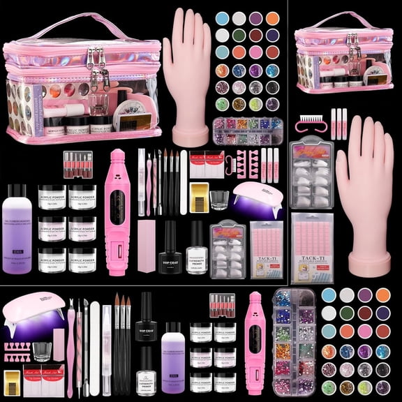 Nail Kit for Beginners with Everything: Professional Nail Acrylic Powder Liquid Set with Practice Hand Drill U V Light in Cosmetic Bag for Women Salon Home (Pink)