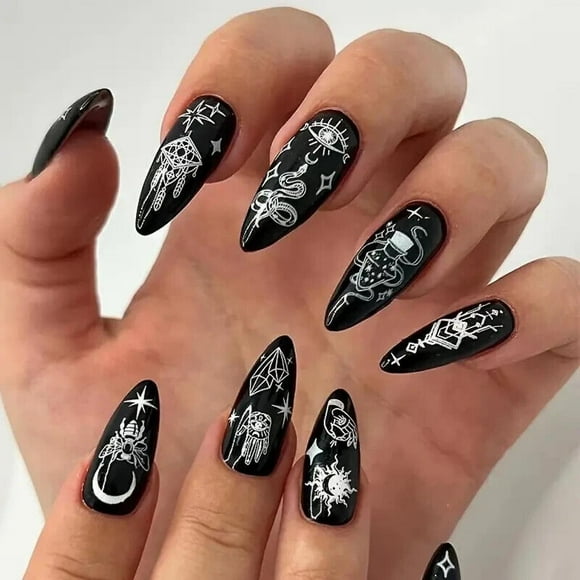 NICEGOU Almond Press on Nails Medium Stiletto Black Fake Nails with Nail Glue Moon Star False Nails 24Pcs Full Cover Acrylic Nails