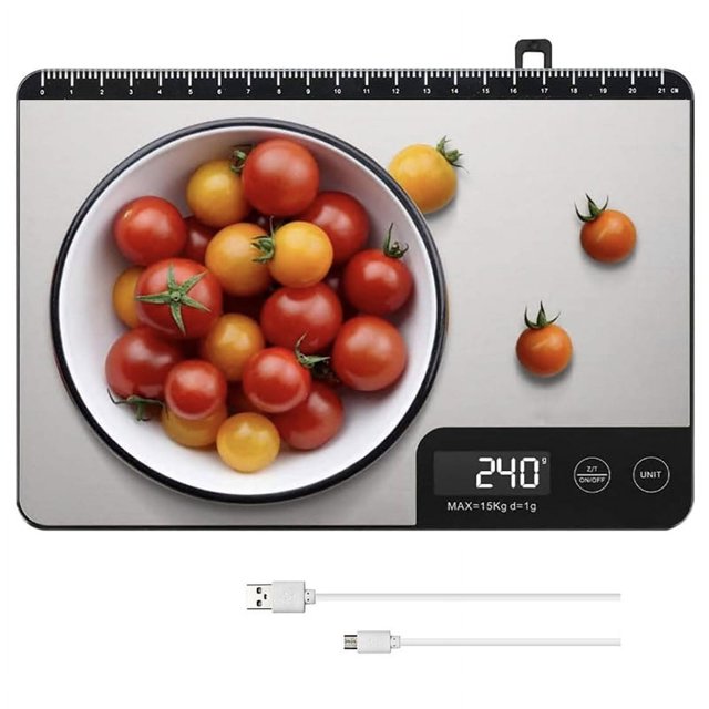 Báscula de cocina digital de 33 lb con longitud de medida de 8 pulgadas, recargable con pantalla LCD, peso en gramos y onzas 1 g