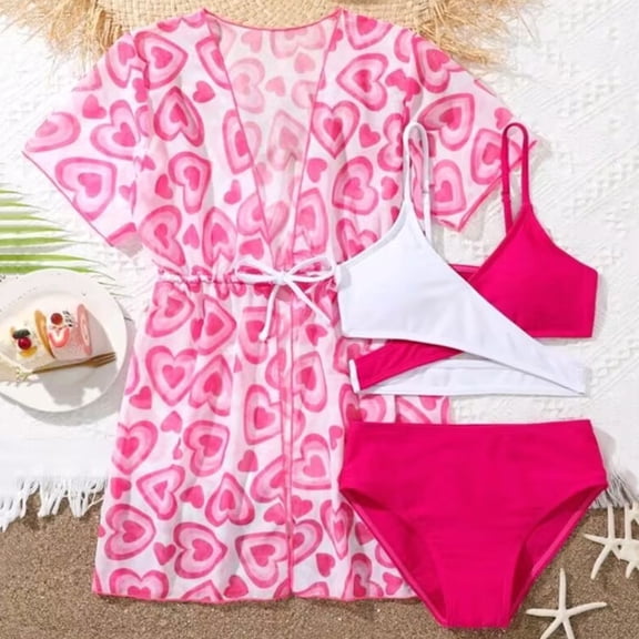 CUZIBR Girls' Swimsuits 3 Piece Swimsuit V-Neck Front Cross Tops Bra High Waist Bottoms Bikini Sets With Short Sleeve Cover Up Cardigan Floral Print Swimwear Outfits Bathing Suit,Hot Pink,9-10 Years
