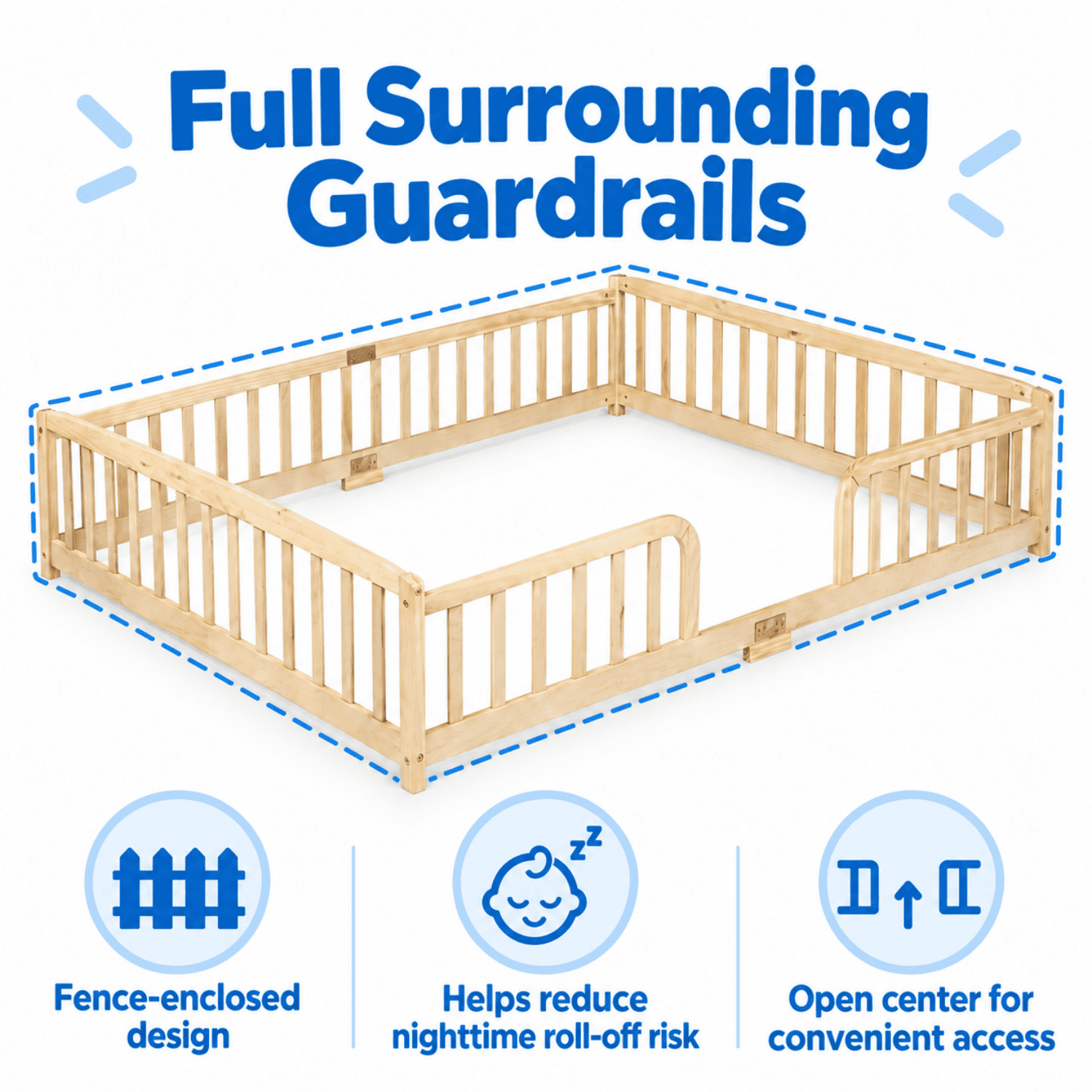 Miniyam Queen Size Kids Floor Bed with Guardrails, Low-to-Ground Montessori Wood Bed, Natural