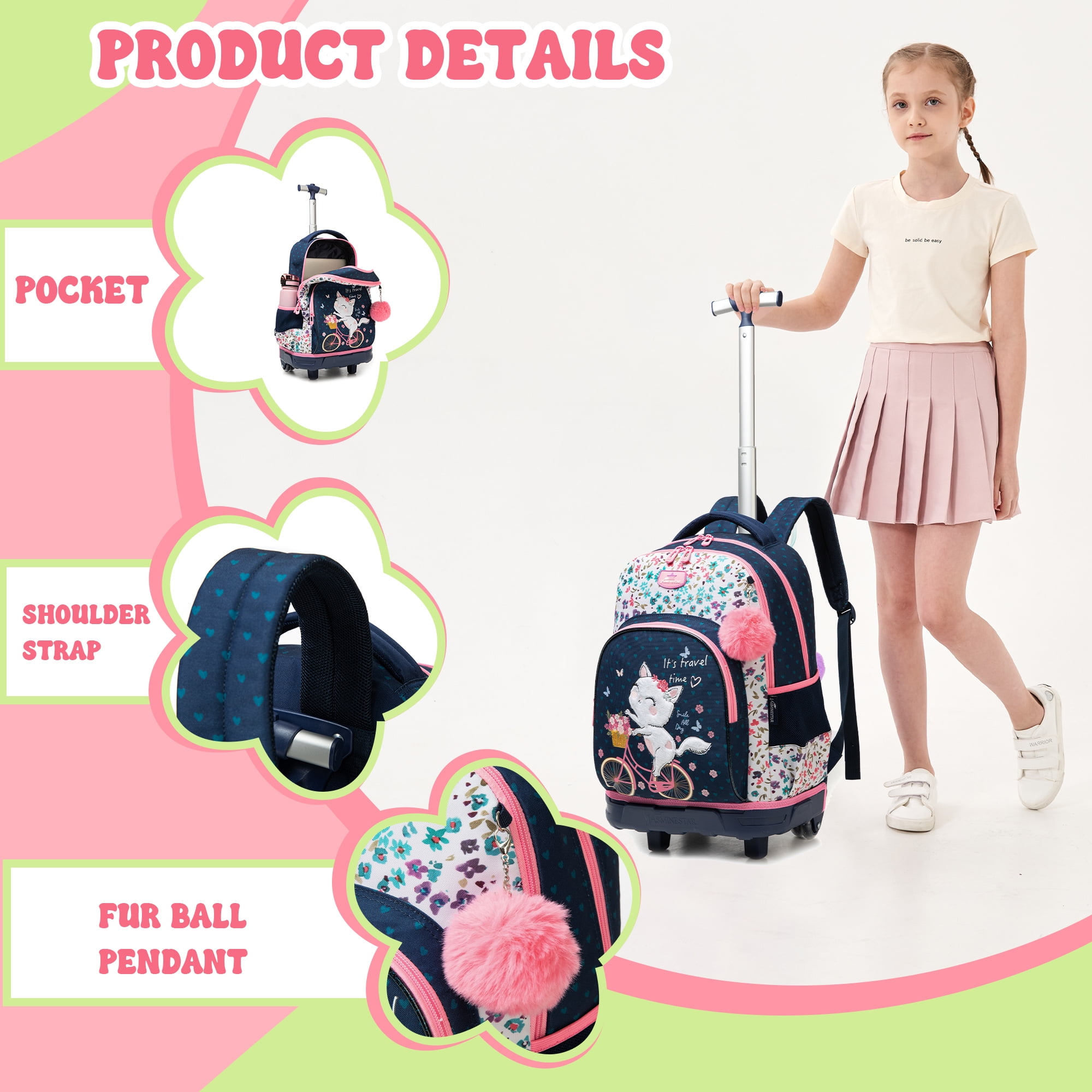 Kids Rolling Backpacks for School Girls with Lunch Box Pencil Case Roller Backpack with Wheels for Elementary Students Ages 8-10