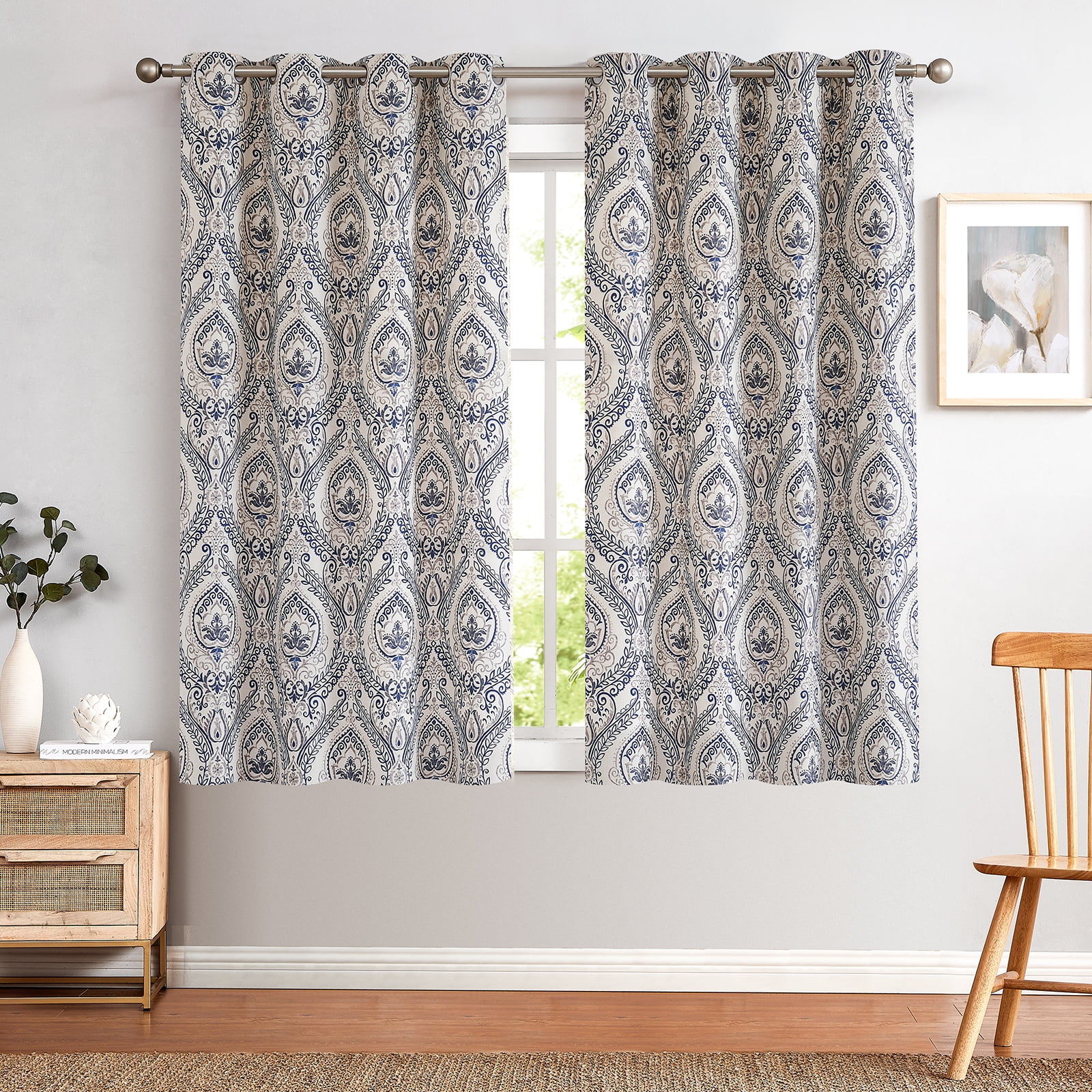 Curtainking Damask Printed Curtains for Bedroom Living Room Linen Textured Thermal Insulated Curtains Grommet 2 Panels 54 inch Length Blue on Greyish Beige