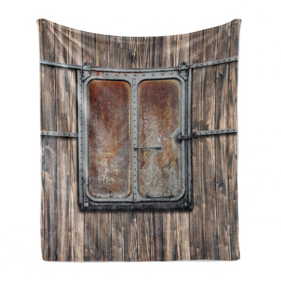 Rustic Soft Flannel Fleece Blanket, Wooden Tree Planks with Old and Rusty Two Angled Boat Door Image Artwork Print, Cozy Plush for Indoor and Outdoor Use, 70" x 90", Brown and Grey, by Ambesonne