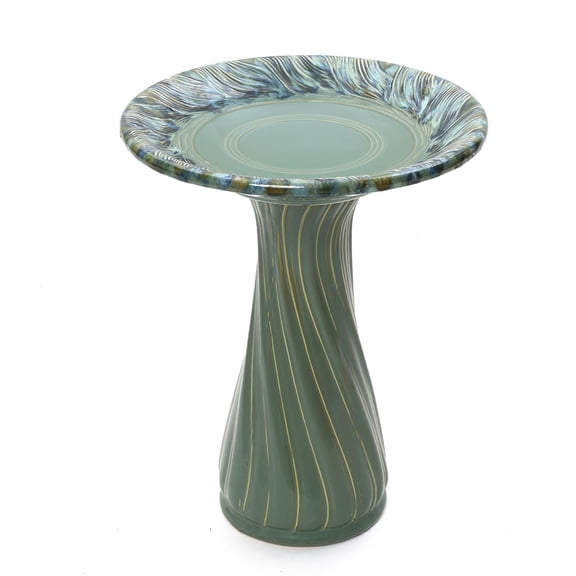 LuxenHome 22.5" Elegant Ceramic Bird Bath for Outside with Leaves and Swirl Pattern, Green