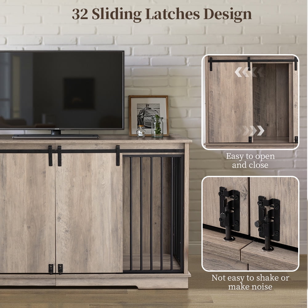Large Dog Crate Furniture with 2 Divider End Table, DOMIPET Wooden Indoor Dog Kennel TV Stand, Metal Tube & 2 Lockable Barn Door