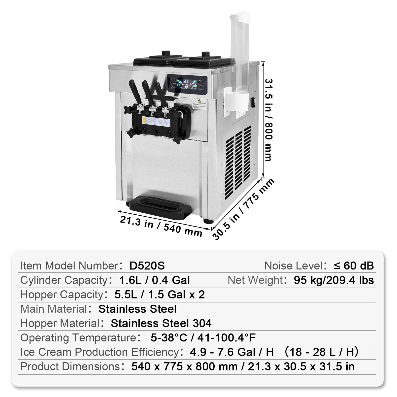 KFFKFF Commercial Soft Ice Cream Machine 18-28 L/H 5.5L*2 Cylinder 3-Flavor Serve Ice Cream Maker