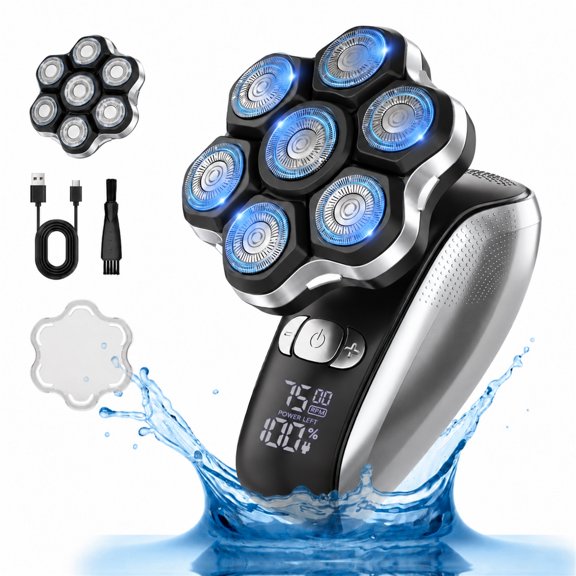 NICEBAY 7-Blade Electric Head Shaver for Men, Floating Magnetic Rotary Head, IPX7 Wet/Dry, Cordless, LED Display, Type-C Rechargeable, Silver