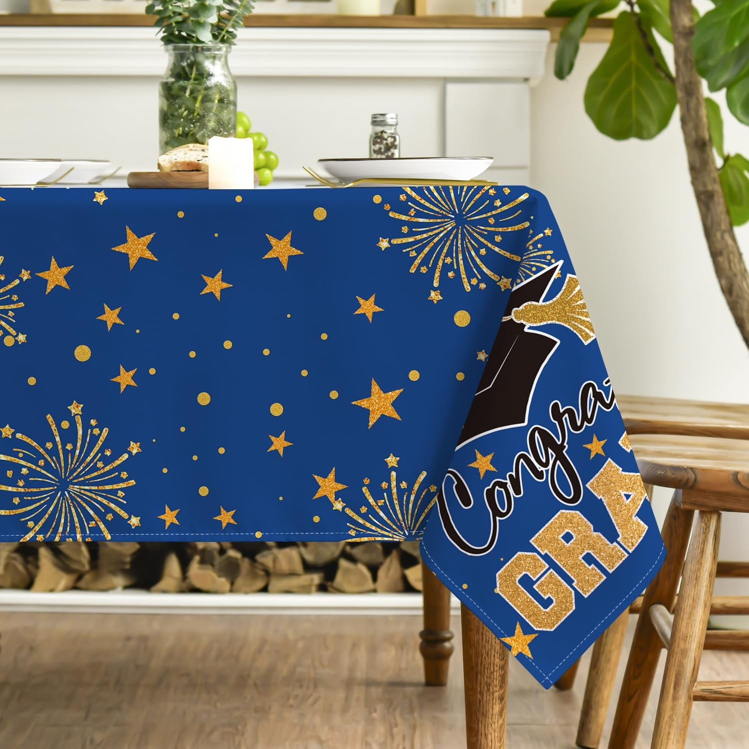 Graduation Rectangular Tablecloth 60×120 Inch, Blue Gold Bachelor Grad Cap Washable Table Cover for Party Picnic Dinner Decor