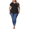 thumbnail image 2 of Blusas de verano casuales de mujer plus size con flores, volantes y pliegues, escote en V, manga corta, 3X, negras, 2 of 6