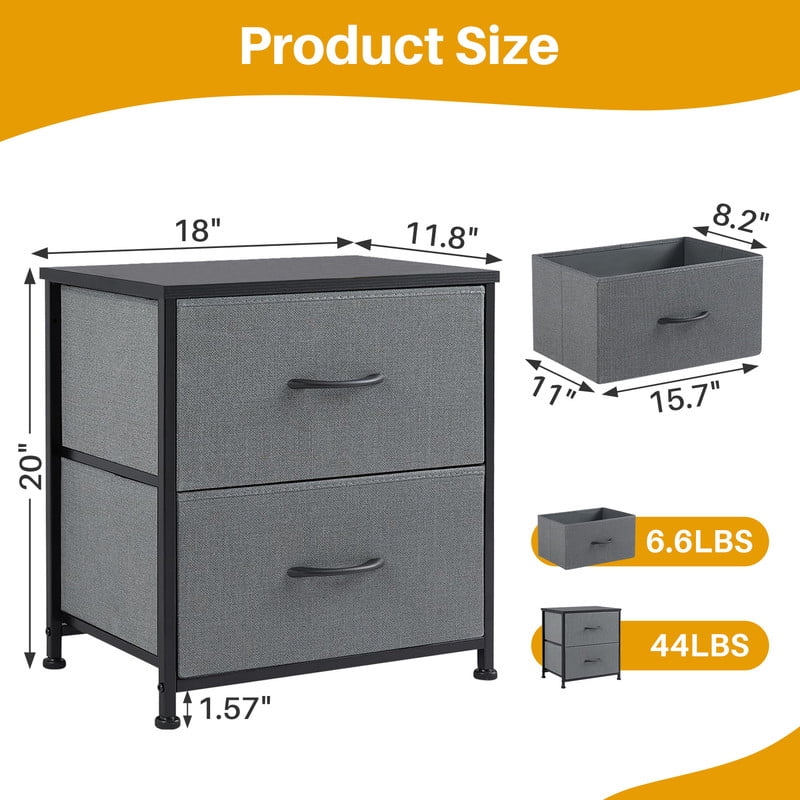 TINKLE WELL Nightstand Set of 2 with 2 Fabric Drawers, End Table 20 inch Tall Side Table for Bedroom, Closet, or Dorm Storage, Gray