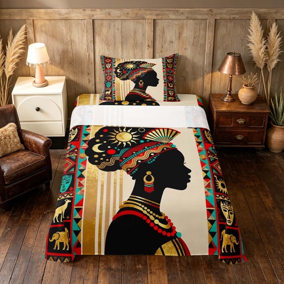 Manfei African Tribal Aztec Twin Sheets, Black Girl Bedding, Black Red Teal Gold, Black Reversible 3pcs1 Flat Sheet 1 Fitted Sheet 1 Pillowcase
