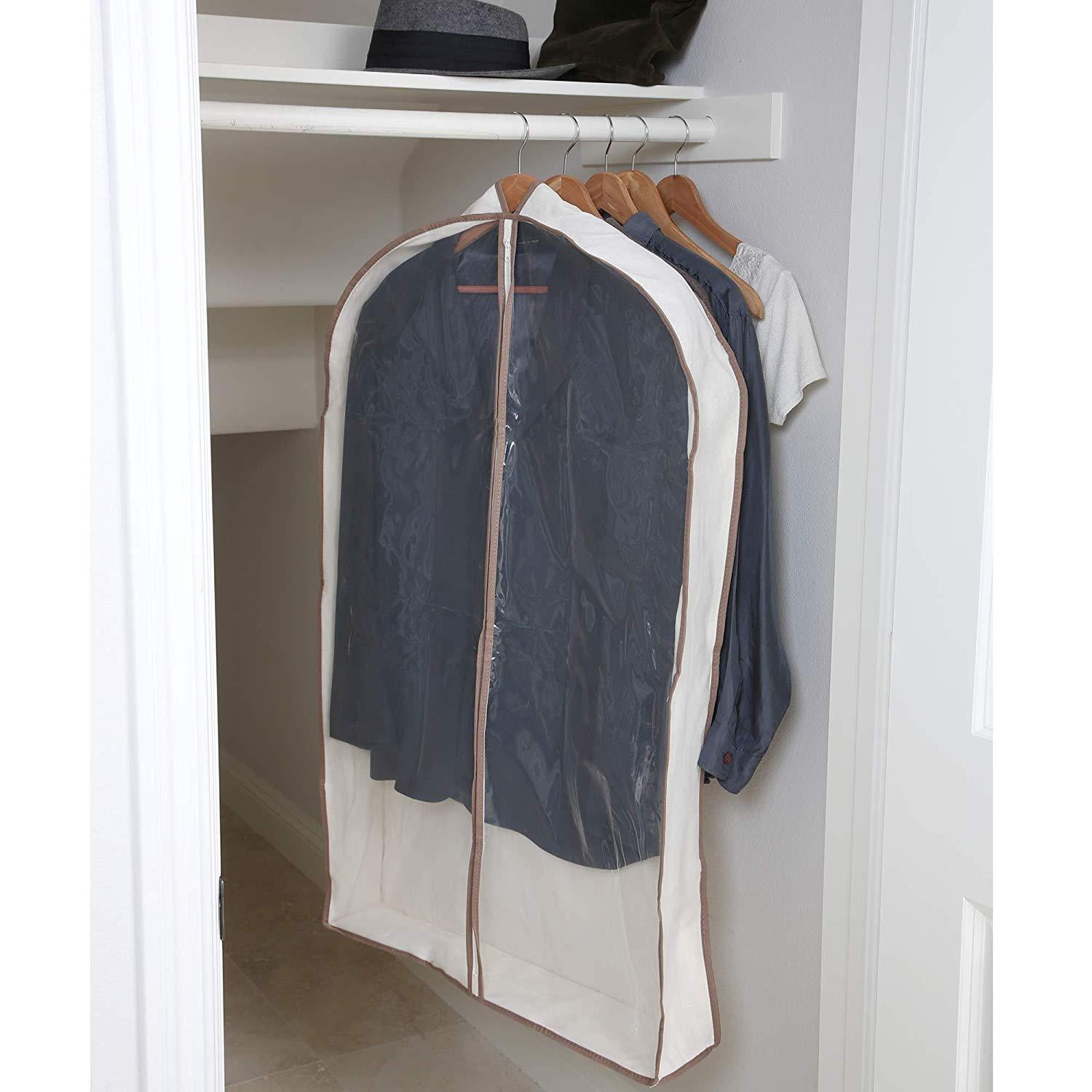 Smart Design Gusseted Garment Bag with Clear Window - Set of 6 - 24 x 62 Inch - Includes Zipper Closure and Travel Loop - Suits, Dresses, and Gowns Storage Organization - Beige