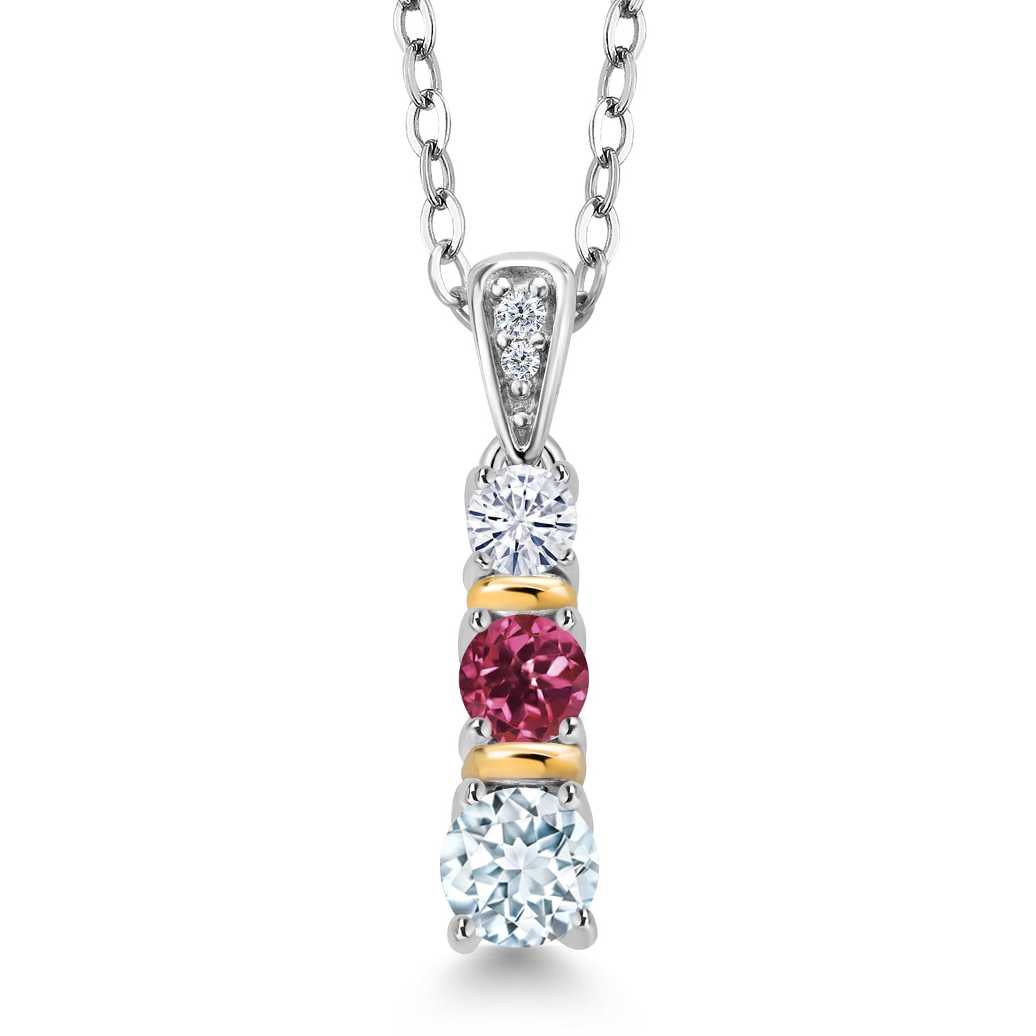 Gem Stone King 925 Silver and 10K Yellow Gold Round Sky Blue Aquamarine Pink Tourmaline and White Moissanite Pendant Necklace for Women (0.50 Cttw, Gemstone March Birthstone, with 18 inch Chain)