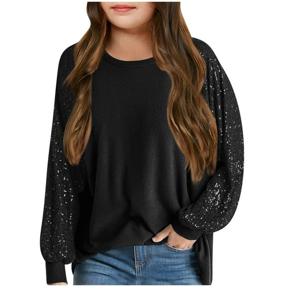 breaise Girls Sequin Long-Sleeved Tops Round-neck Shirts Kids Loose Tunic Tops Spring Pullover Tee Shirt 3-14 Years