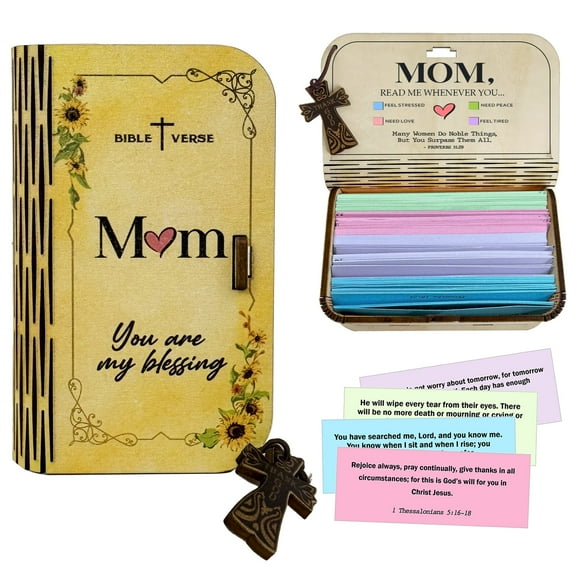 Bible Verse Box for Mom– 150 Prayer Cards, Bible Verses With Wooden Box for Emotion and Feeling, Gift for Mothers Day, Inspirational Scriptures, Christian Bible Gifts for Women