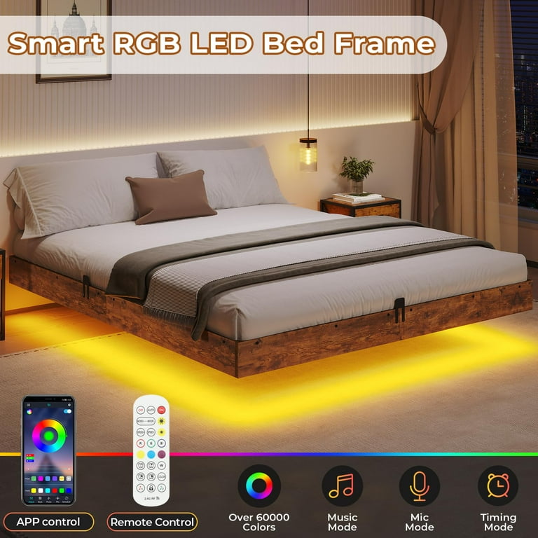 Modern Full Floating Bed Frame with LED Lights, Upholstered