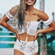 thumbnail image 3 of Conjunto de bikini blanco de encaje de ganchillo para mujer, estilo boho playero, top corto y shorts. METRO, 3 of 9